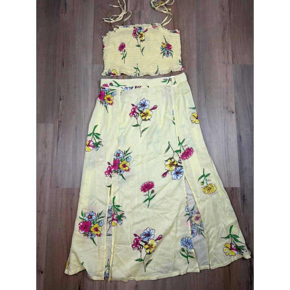 Girl Soul Yellow Floral 2 Piece Set Smocked Crop Top and Maxi Skirt Size L